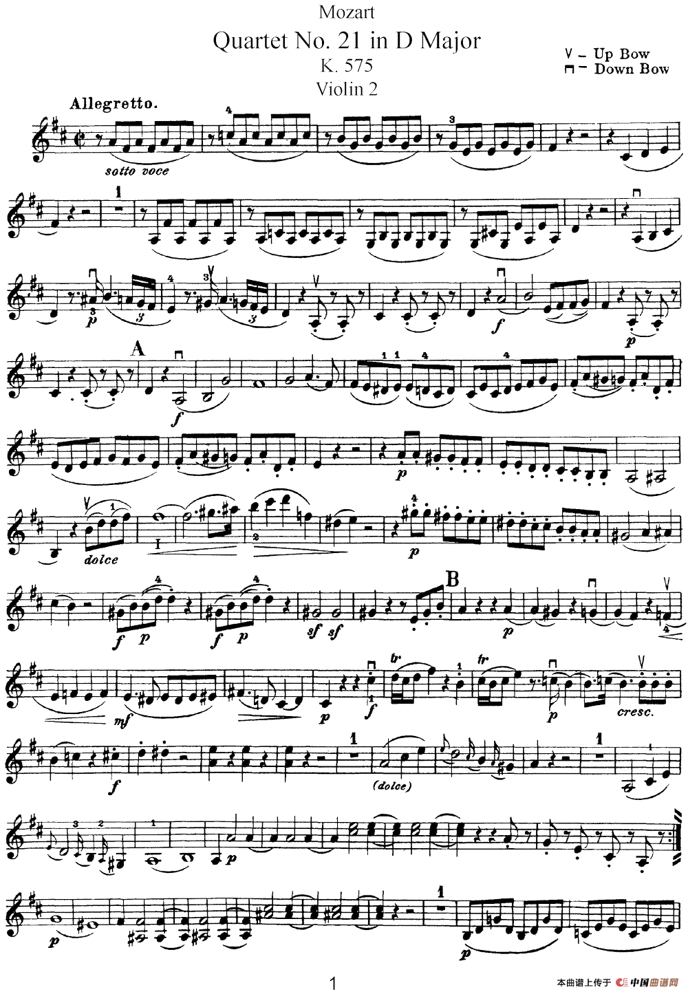 Mozart《Quartet No.21 in D Major,K.575》（Violin 2分谱）