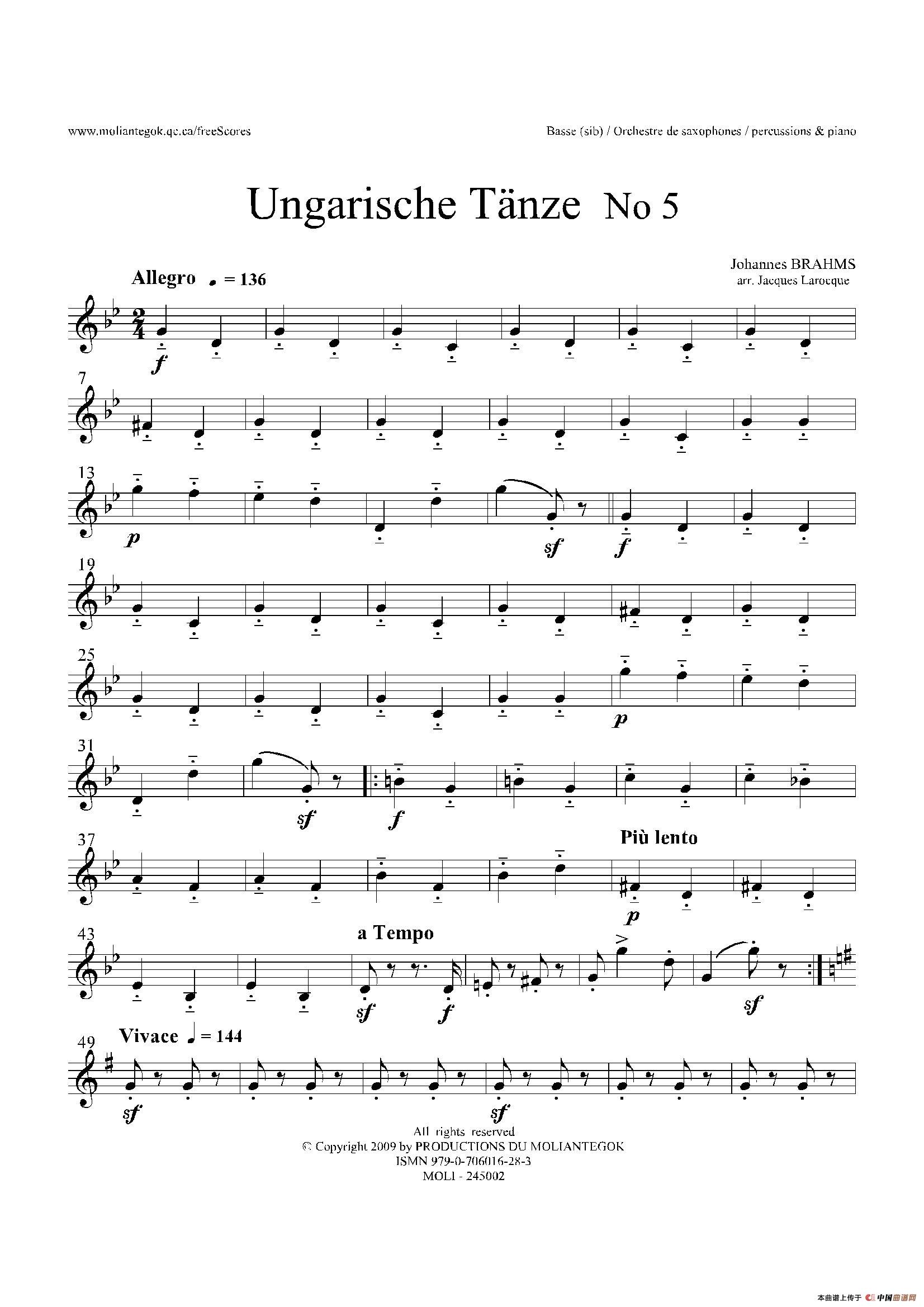 Ungarische Tnze No 5（十五重奏Basse分谱）