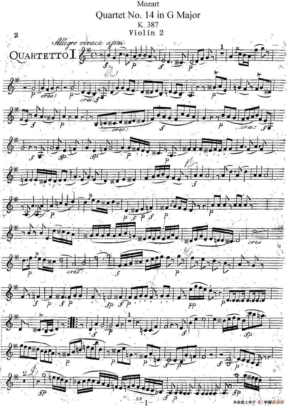 Mozart《Quartet No.14 in G Major,K.387》（Violin 2分谱）