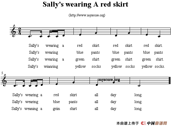 Sallys wearing a red skirt（英文儿歌、五线谱）
