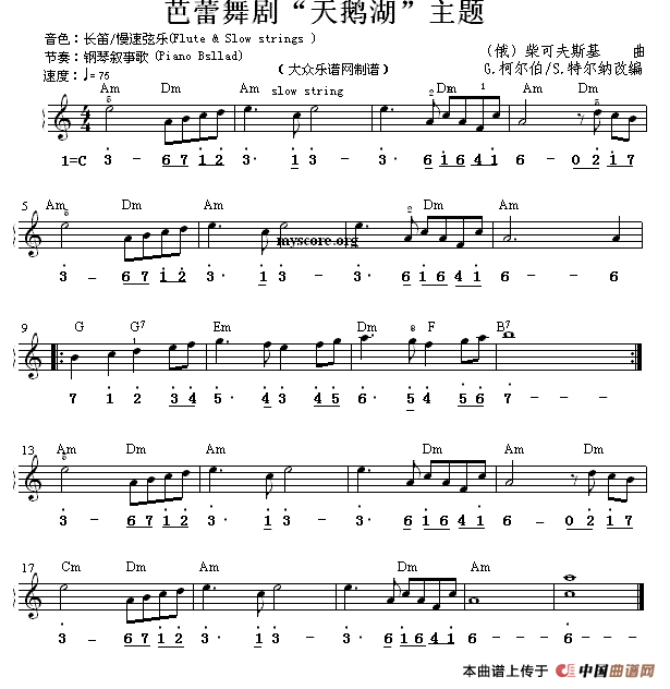 芭蕾舞剧“天鹅湖”主题 （双谱式电子琴谱）