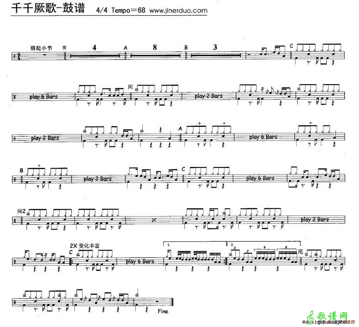 歌曲简谱：千千阙歌（架子鼓谱）