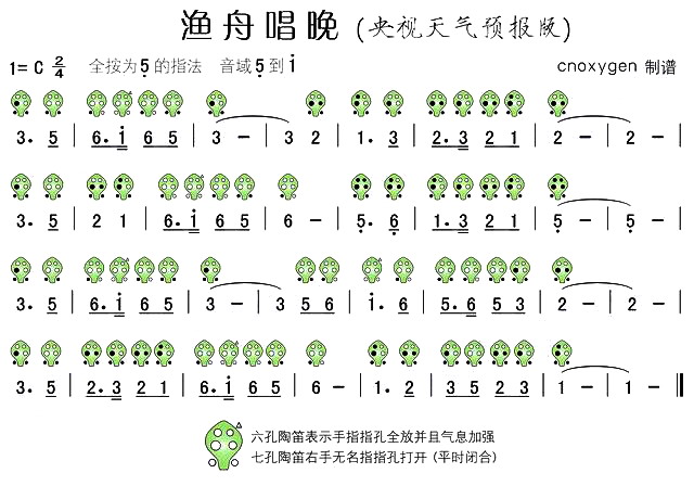 渔舟唱晚（央视天气预报版）（六孔陶笛谱）