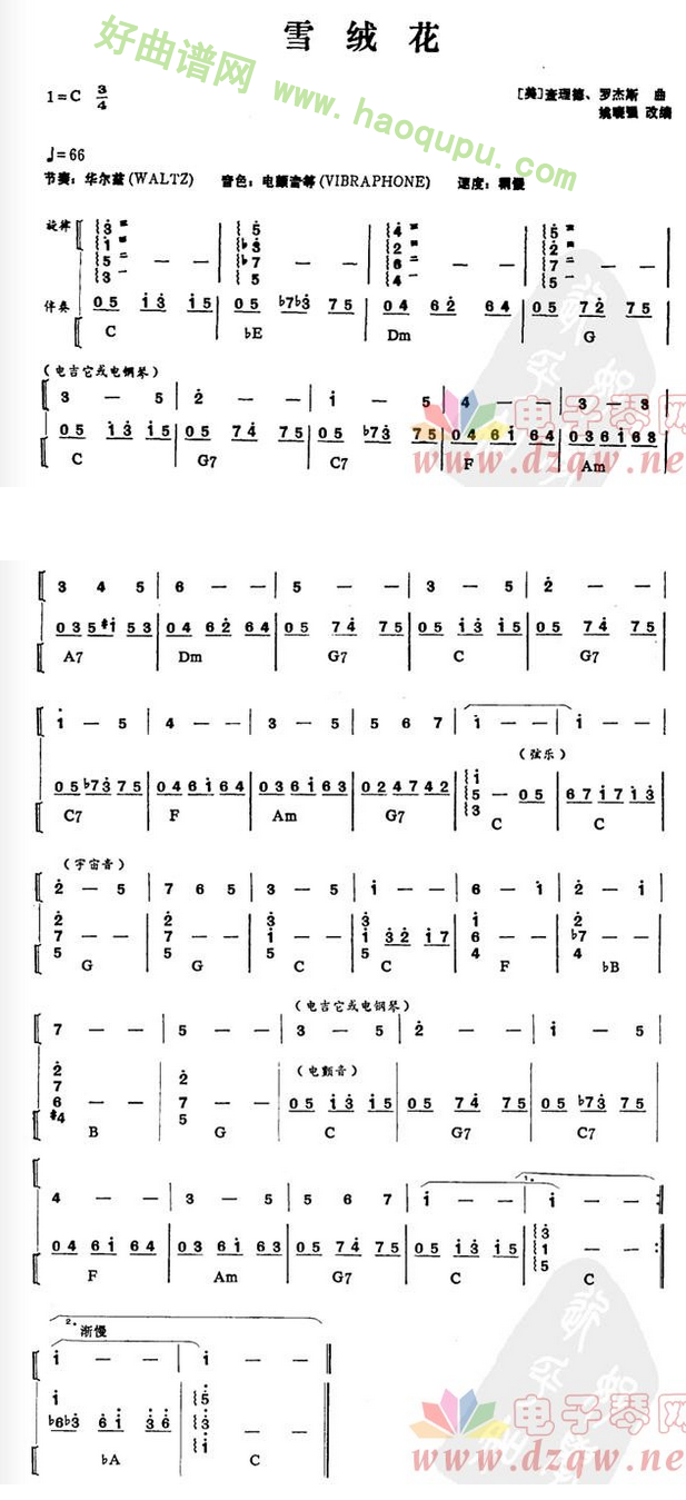 《雪绒花》电子琴简谱