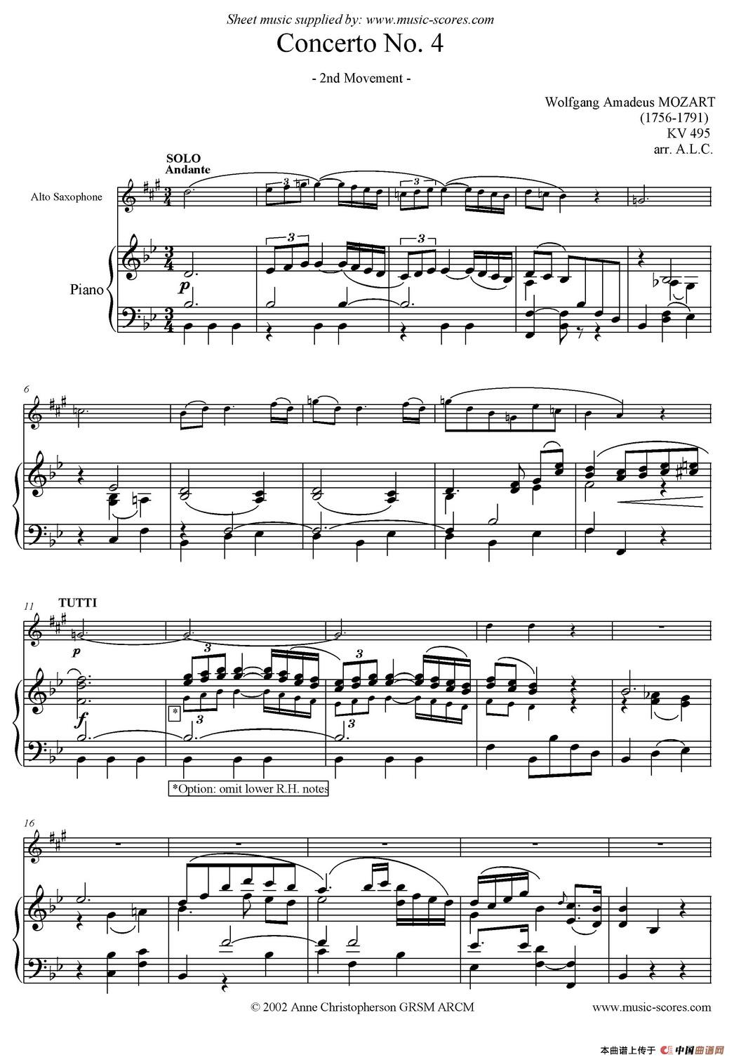 Mozart：Concerto KV495 No.4-2st（高音萨克斯+钢琴伴奏