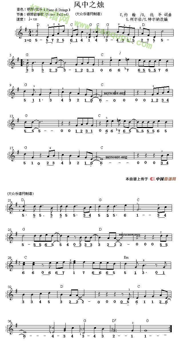 《风中之烛》 电子琴简谱