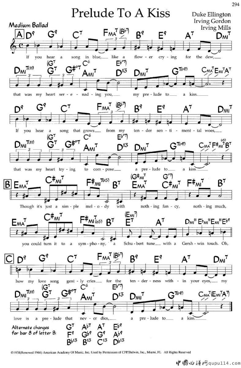Prelude To A Kiss（带和弦五线谱）