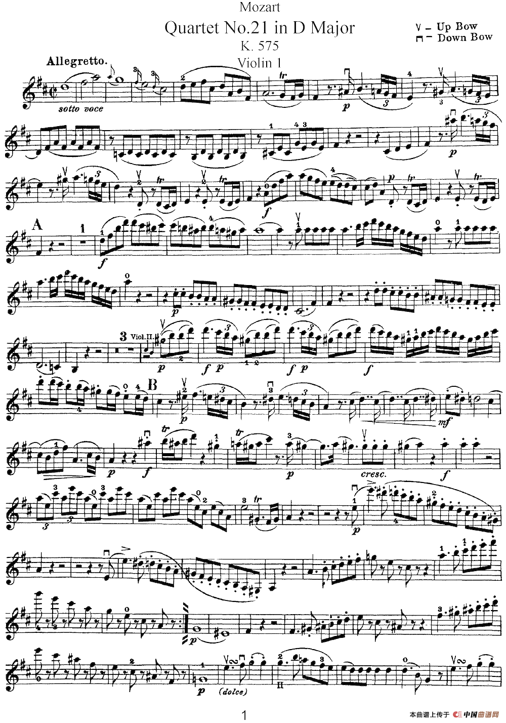 Mozart《Quartet No.21 in D Major,K.575》（Violin 1分谱）