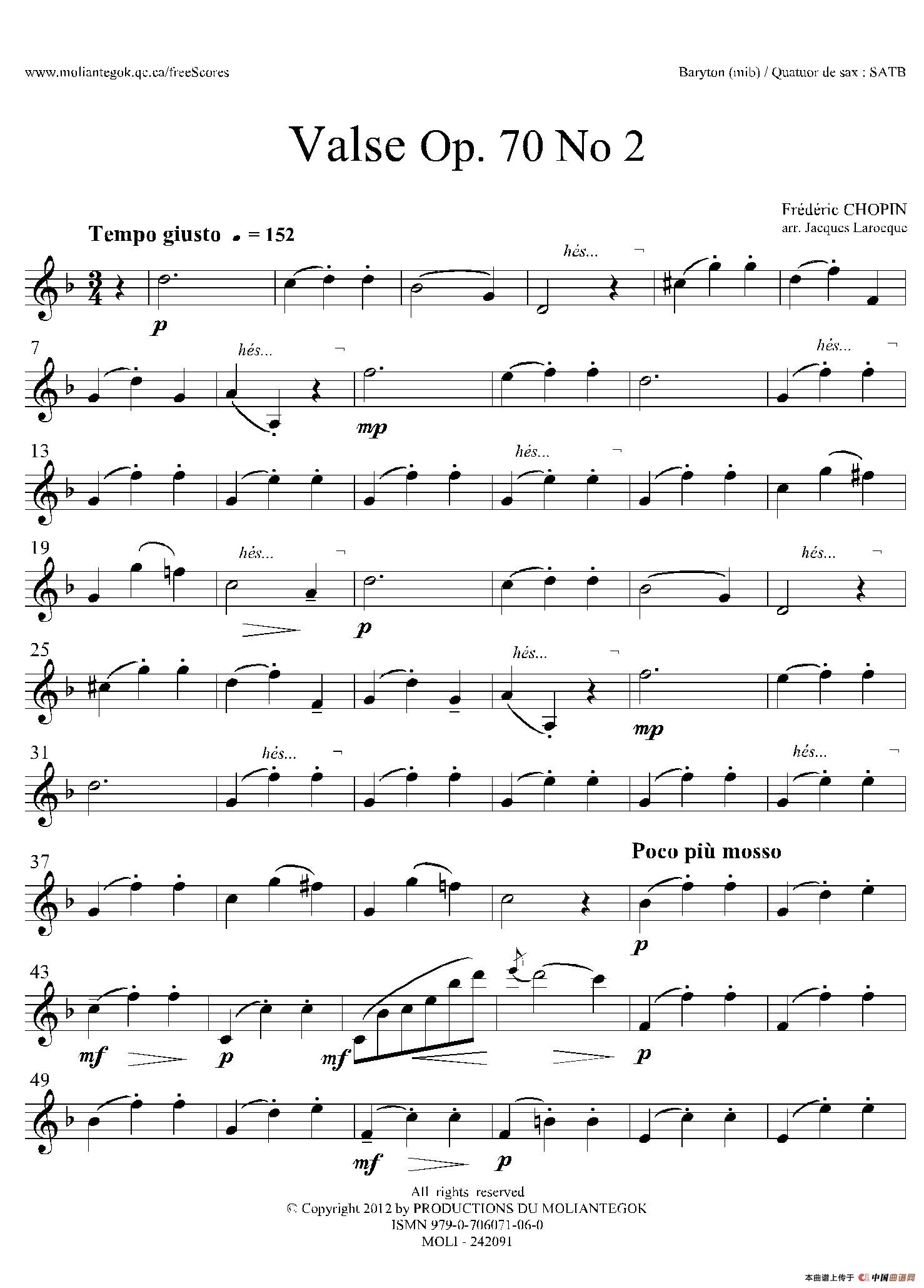 f小调圆舞曲 Op.70 No.2（四重奏上低音萨克斯分谱