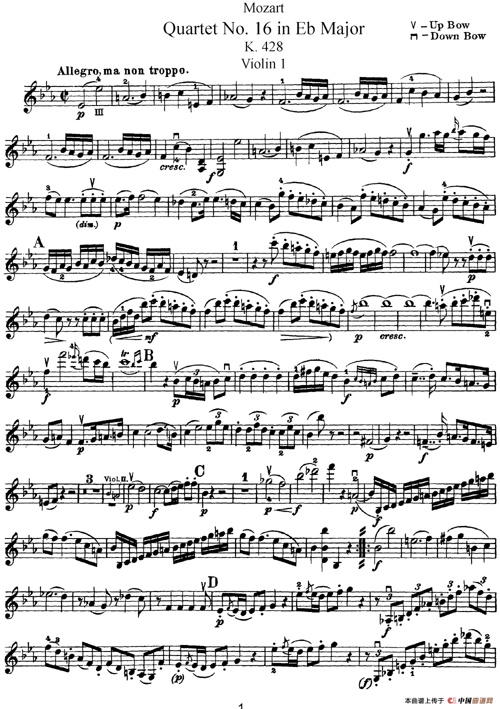 Mozart《Quartet No.16 in Eb Major,K.428》（Violin 1分谱）