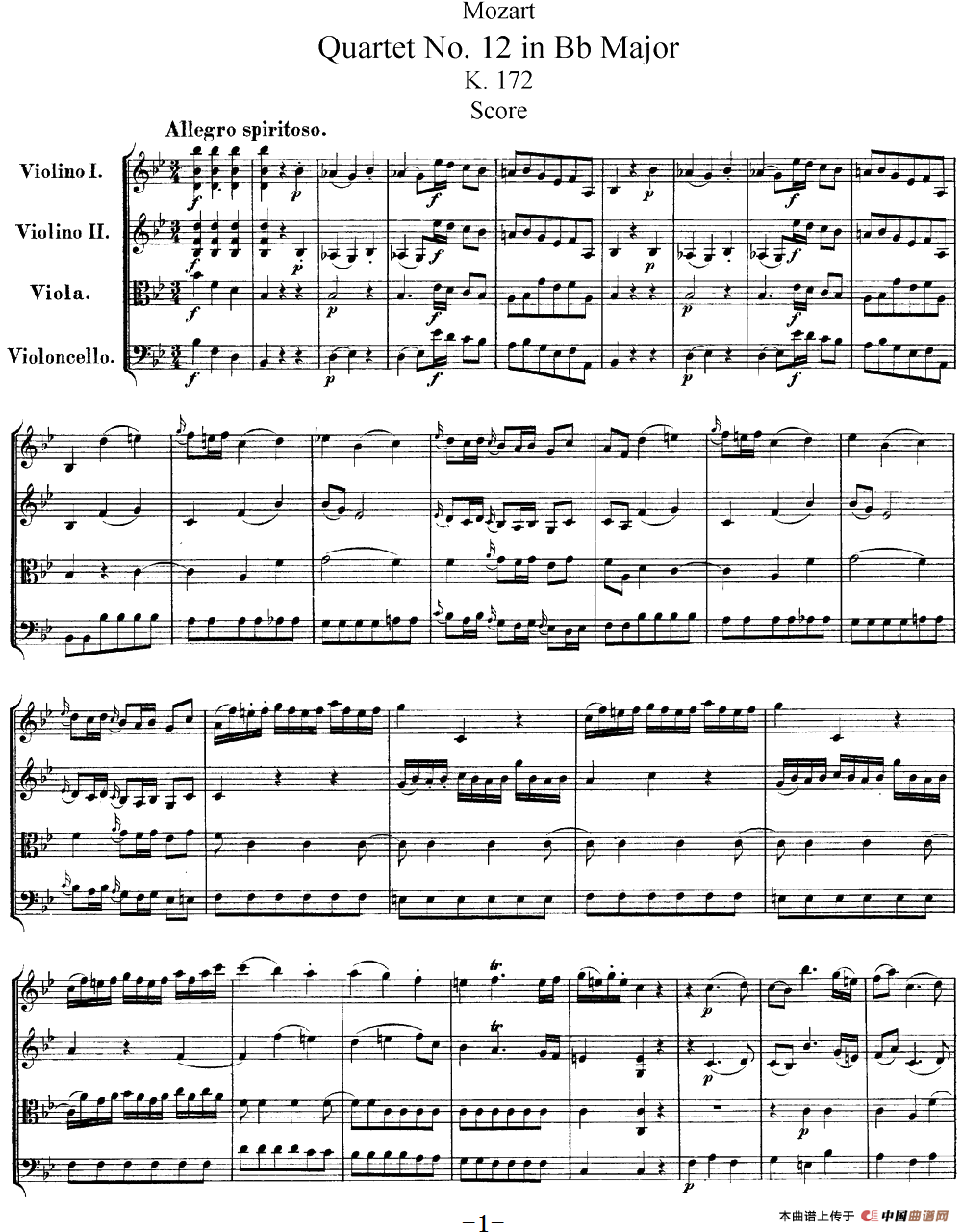 Mozart《Quartet No.12 in Bb Major,K.172》（总谱）