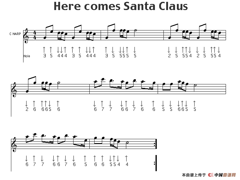 Here comes SantaClaus圣诞老人来了口琴谱