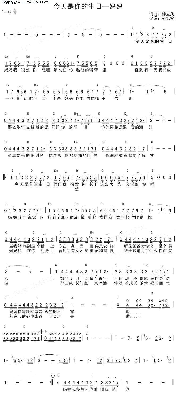 今天是你的生日,妈妈—钟立风吉他谱