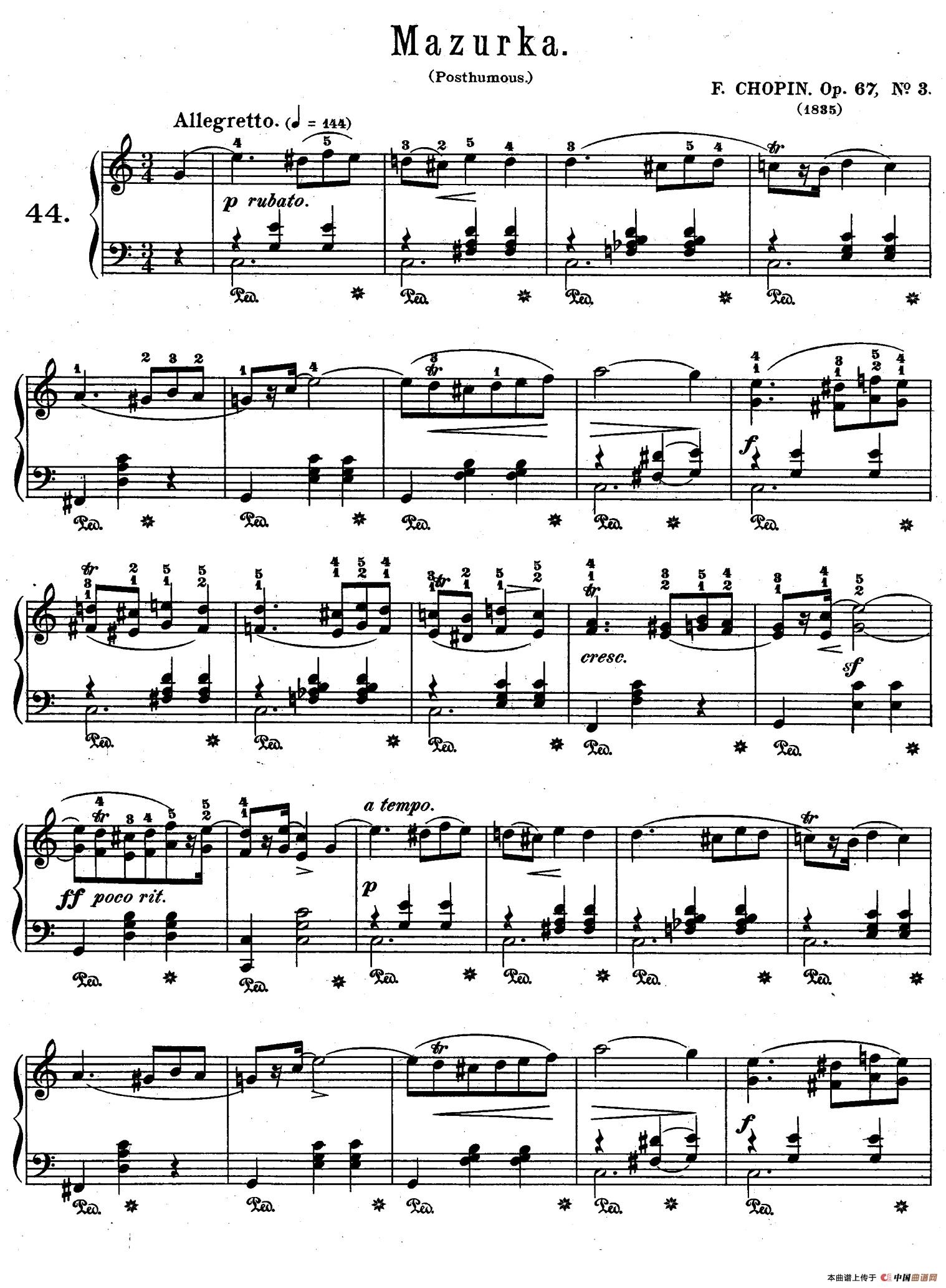 Quatre Mazurkas Op.67 Op.3（4首玛祖卡舞曲·3）