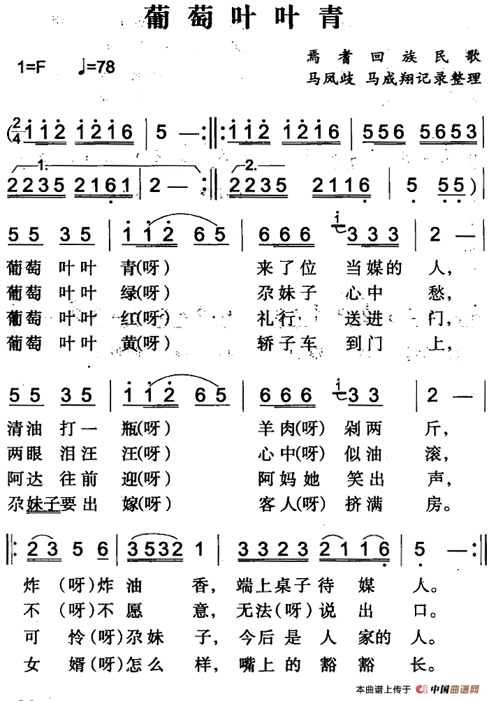 葡萄叶叶青（焉耆回族民歌）