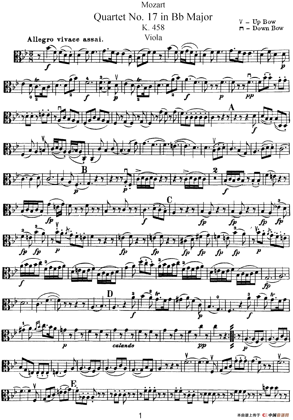 Mozart《Quartet No.17 in Bb Major,K.458》（Viola分谱）