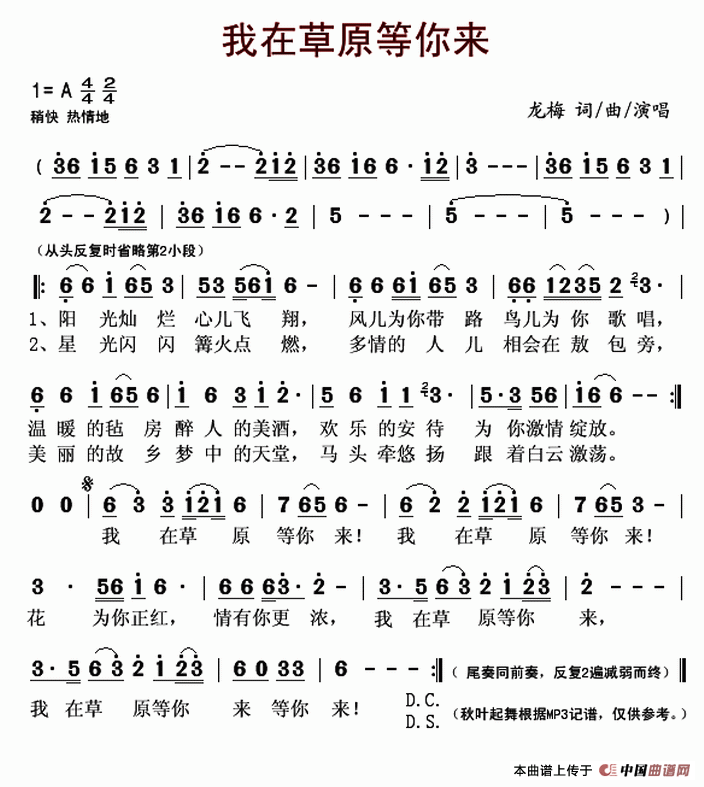 我在草原等你来（龙梅 词曲）