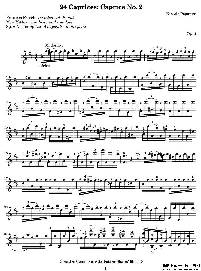 帕格尼尼24首随想曲No.2小提琴谱