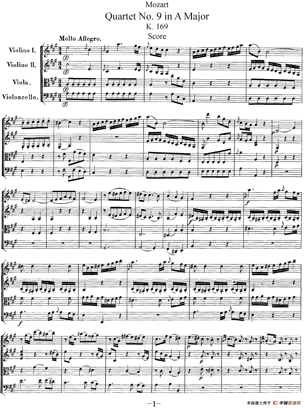 Mozart《Quartet No.9 in A Major,K.169》（总谱）