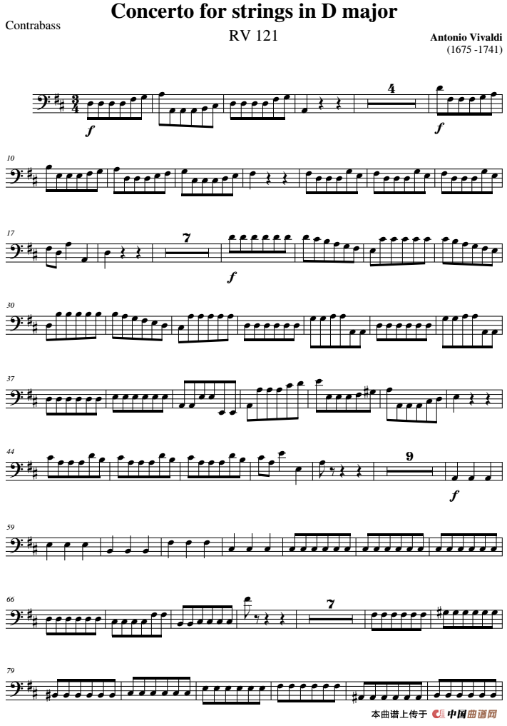 Concerto for strings in D Major（RV121、Contrabass分谱）