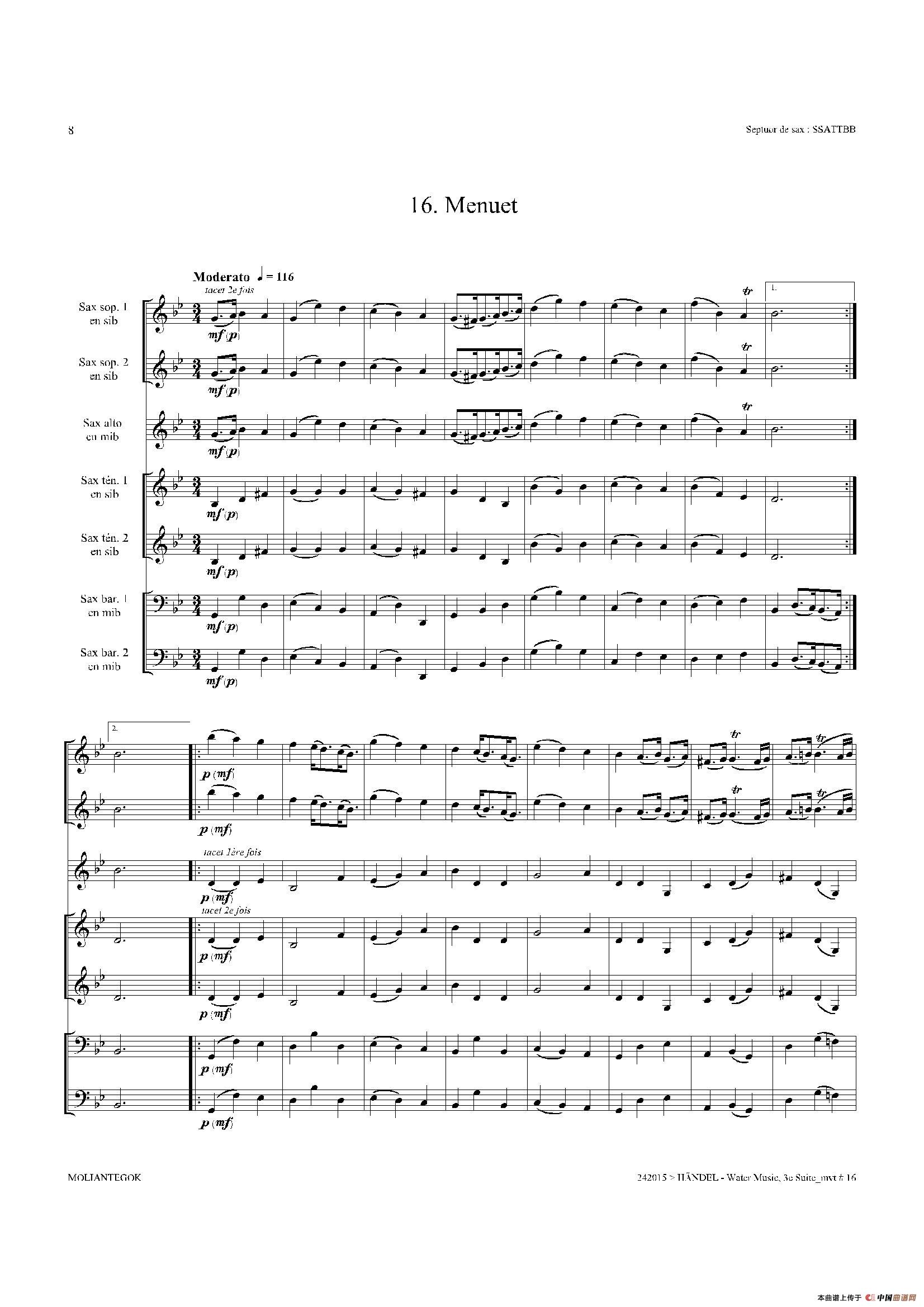 Water Music（HWV.350 No.3）（萨克斯合奏总谱）