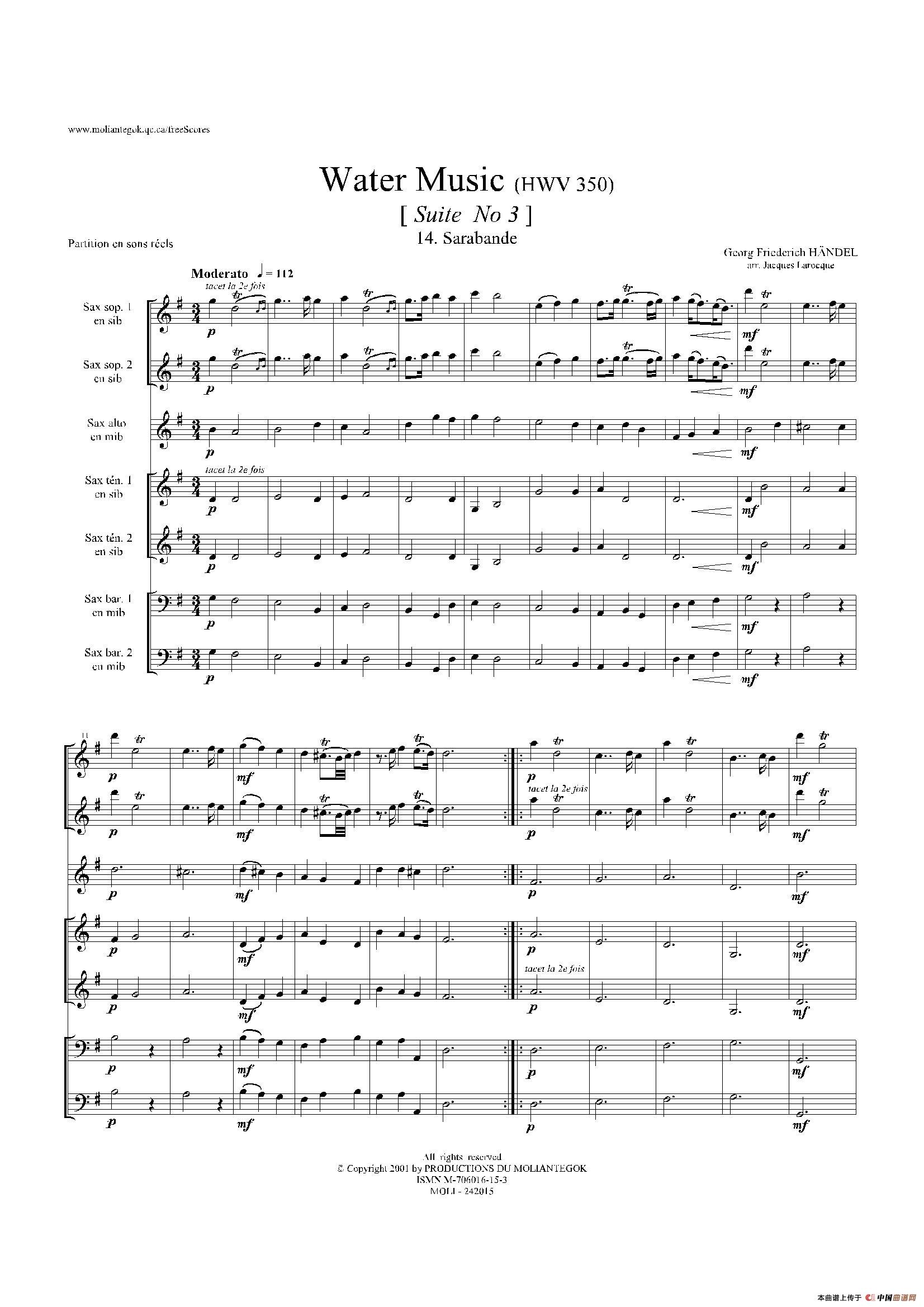 Water Music（HWV.350 No.3）（萨克斯合奏总谱）