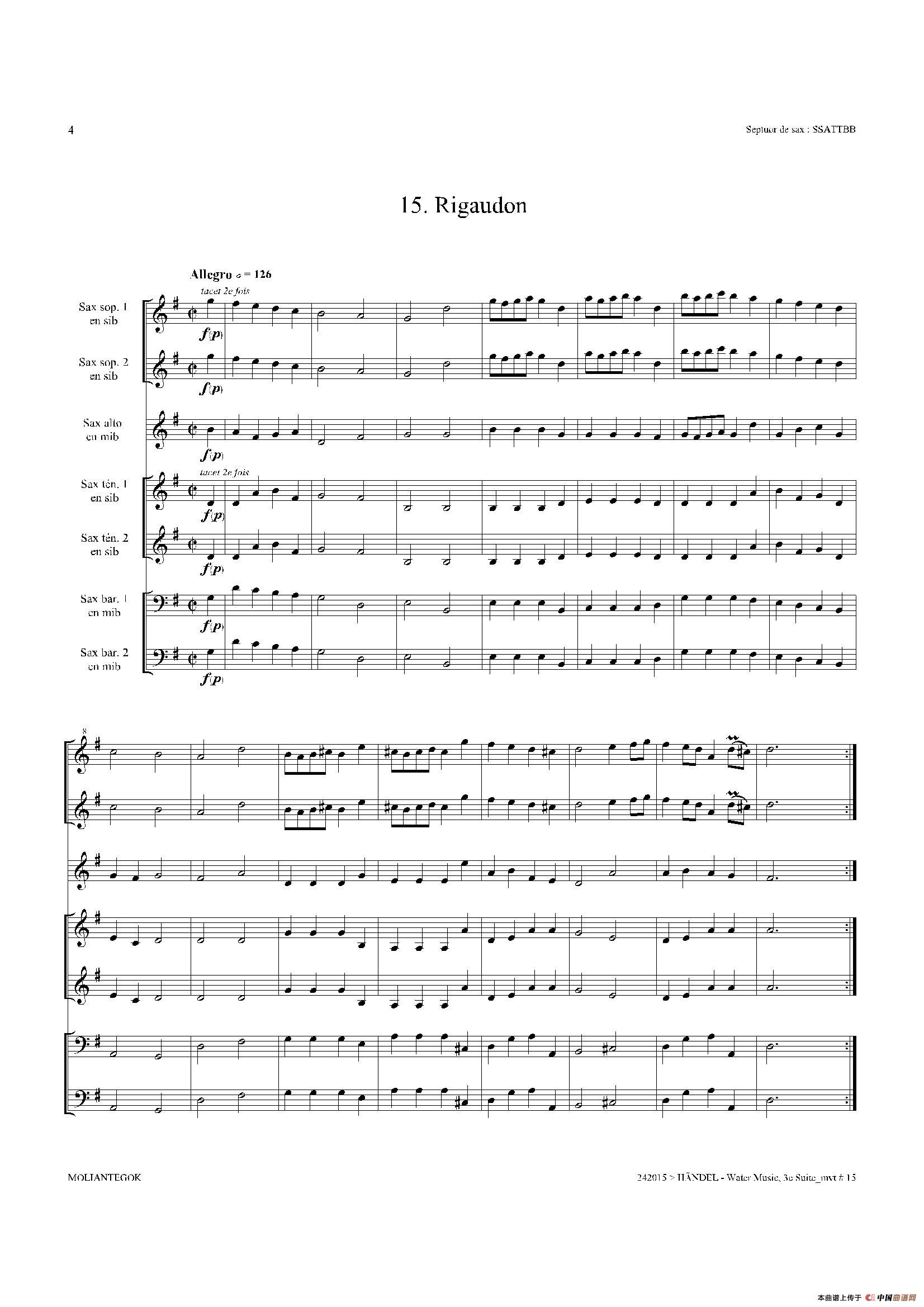 Water Music（HWV.350 No.3）（萨克斯合奏总谱）