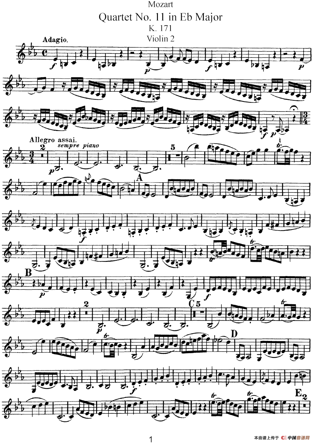 Mozart《Quartet No.11 in Eb Major,K.171》（Violin 2分谱）