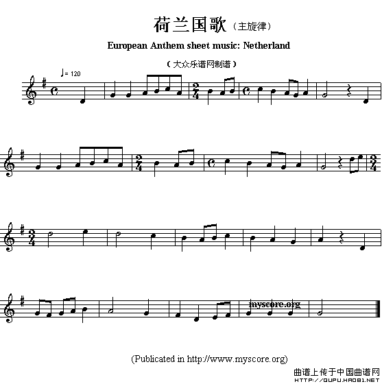 各国国歌主旋律：荷兰（European Anthem sheet music-