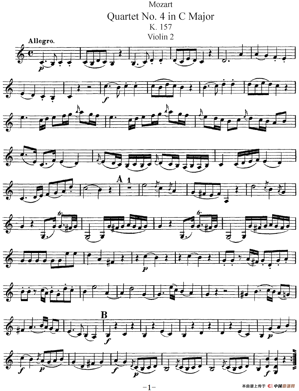 Mozart《Quartet No.4 in C Major,K.157》（Violin 2分谱）