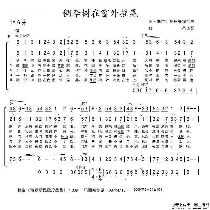 稠李树在窗外摇晃（俄）
