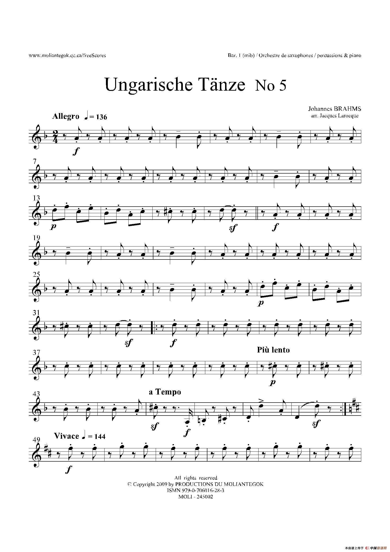 Ungarische Tnze No5十五重奏萨克斯谱