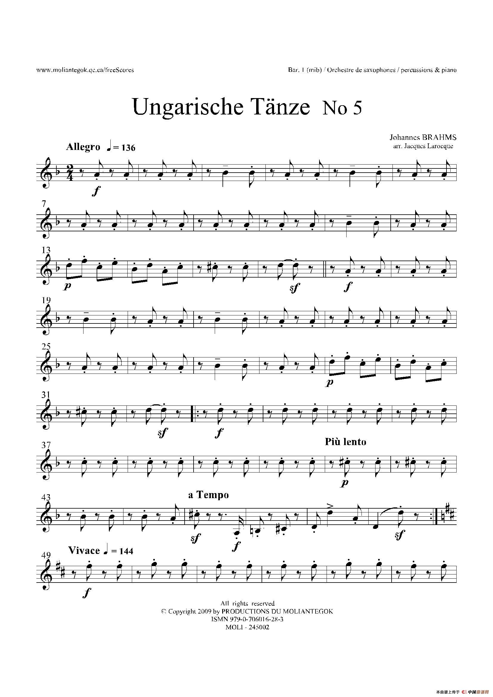 Ungarische Tnze No5十五重奏萨克斯谱