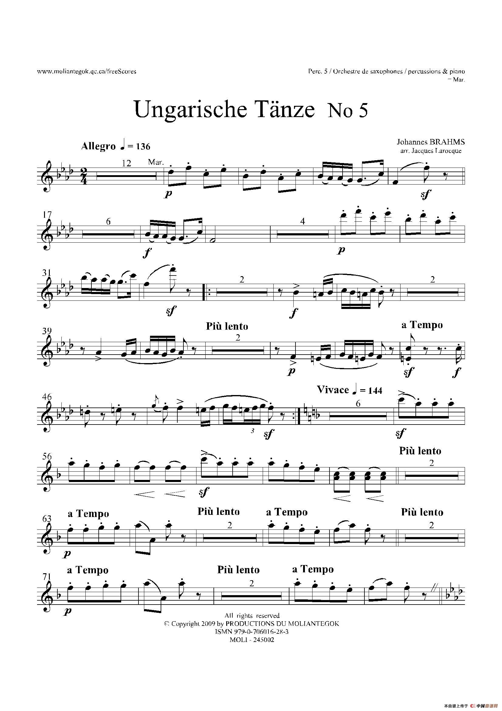 Ungarische Tnze No5十五重奏#8203;分谱萨克斯谱
