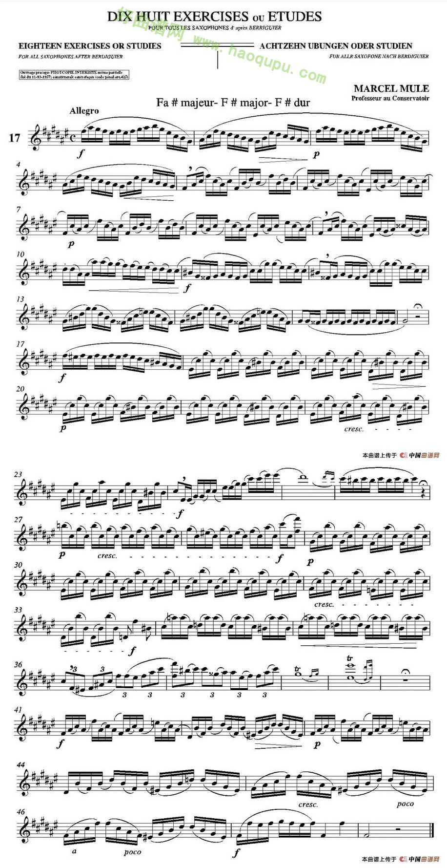 《马瑟·穆勒18首练习曲》（18) 萨克斯简谱