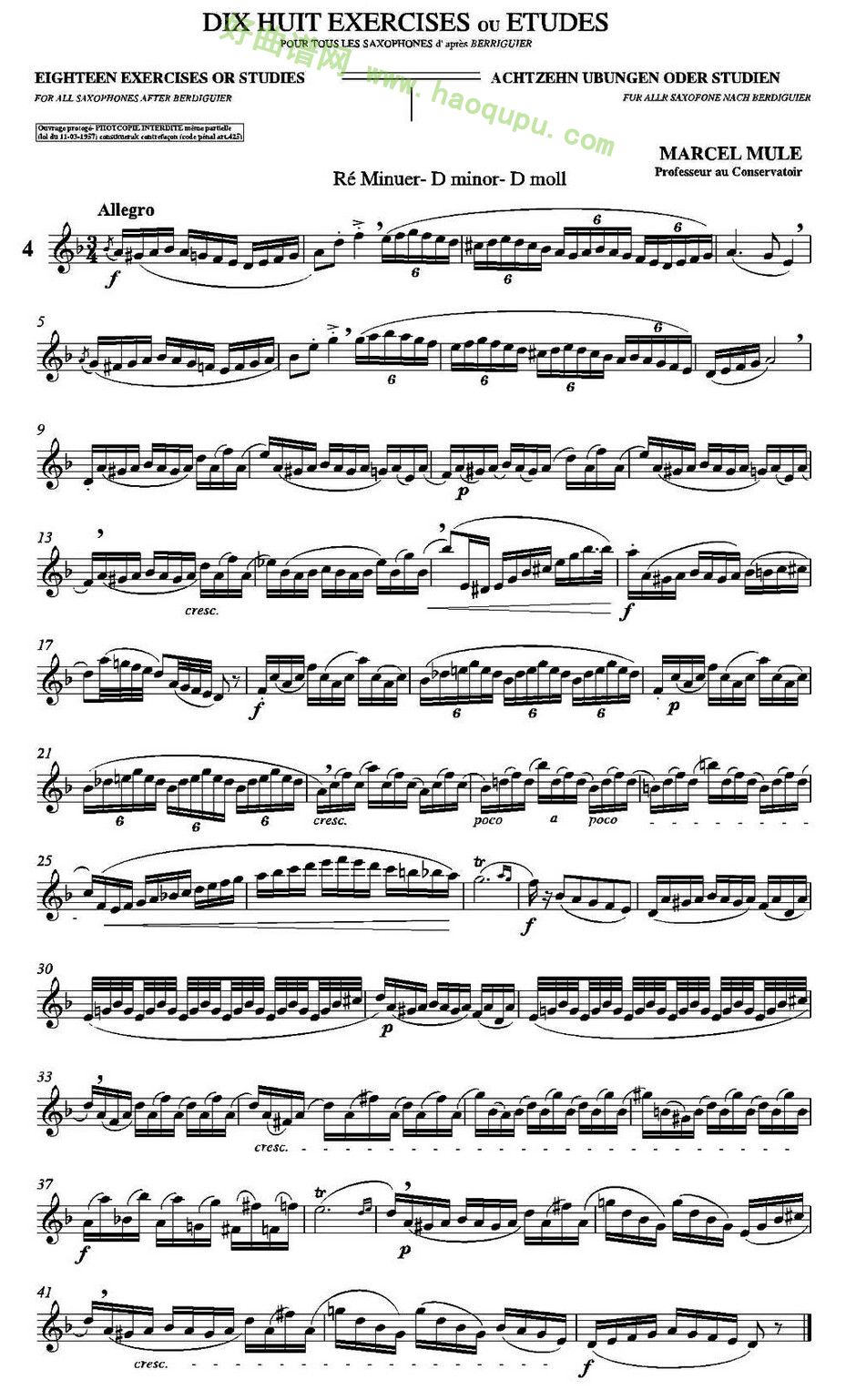 《马瑟·穆勒18首练习曲》（4） 萨克斯简谱