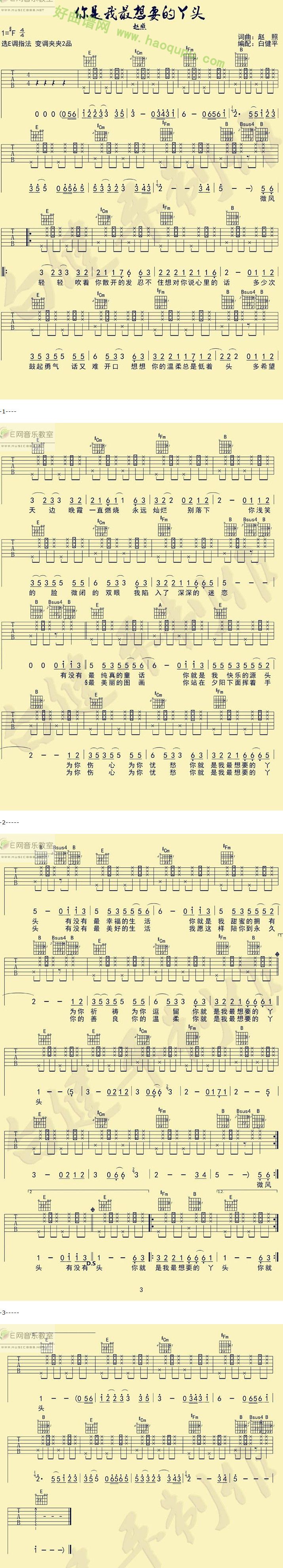 《你是我最想要的丫头》（赵照演唱） 吉他谱