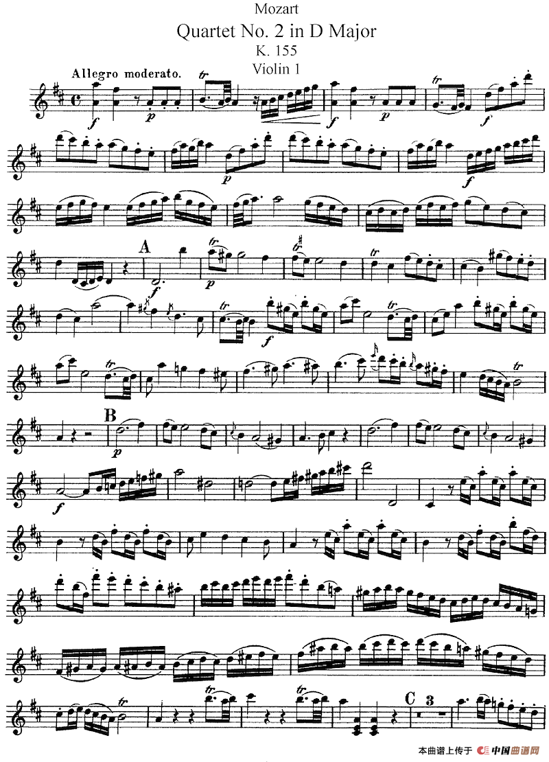 Mozart《Quartet No.2 in D Major,K.155》（Violin 1分谱）