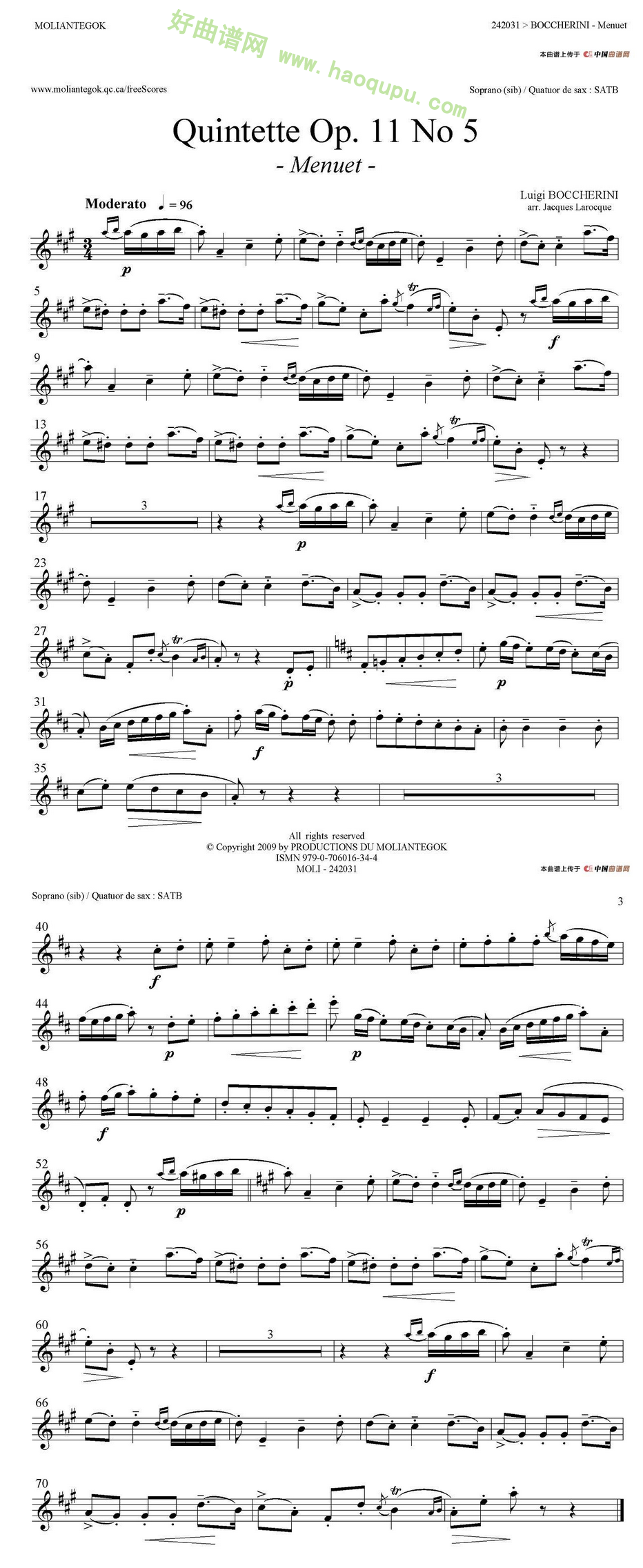 《Quintette Op.11 No.5》（四重奏分谱）萨克斯简谱第4张