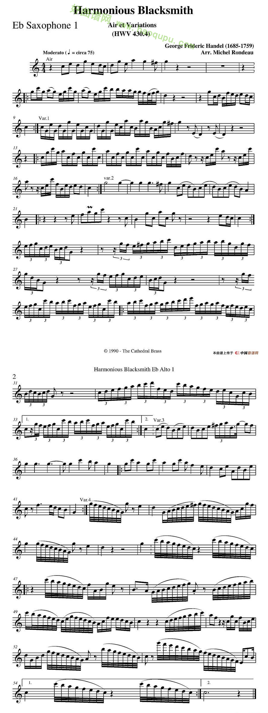 《Harmonious Blacksmith》（快乐的铁匠）（四重奏分谱）萨克斯简谱第2张