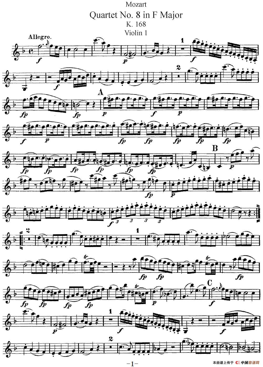 Mozart《Quartet No.8 in F Major,K.168》（Violin 1分谱）