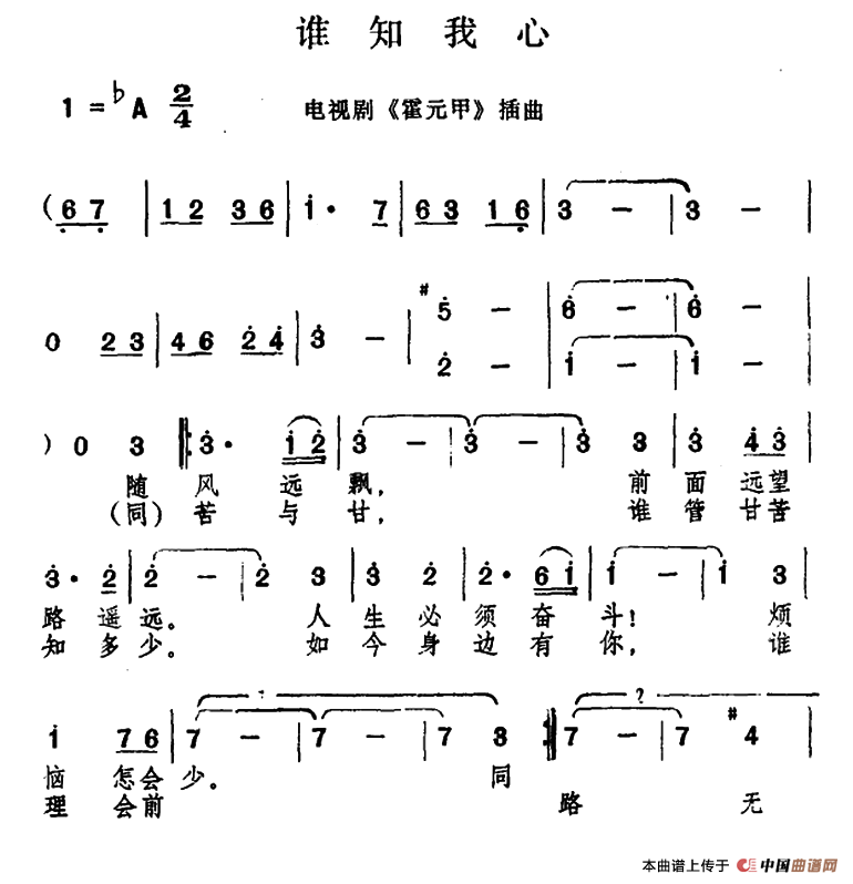 谁知我心（电视剧《大侠霍元甲》插曲）合唱谱