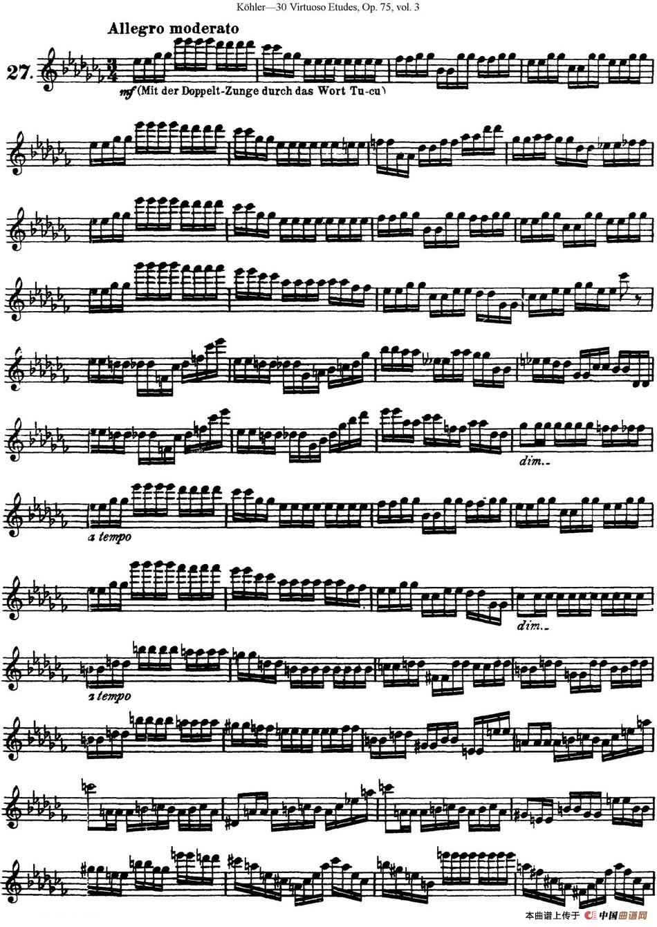 柯勒30首高级长笛练习曲作品75号（NO.27）