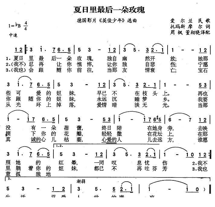 夏日里最后一朵玫瑰简谱