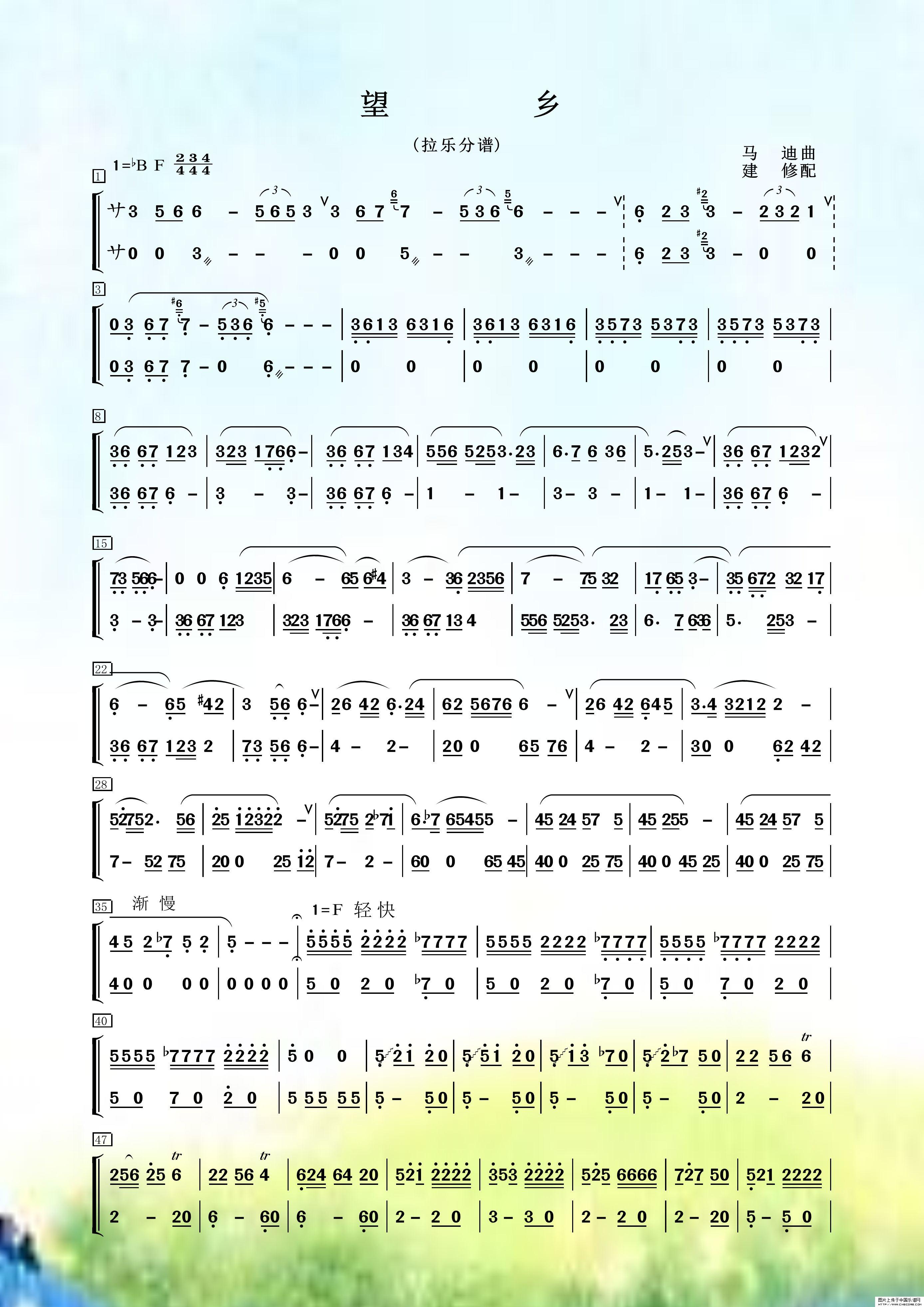 曲谱名：望乡（拉弦分谱）二胡谱