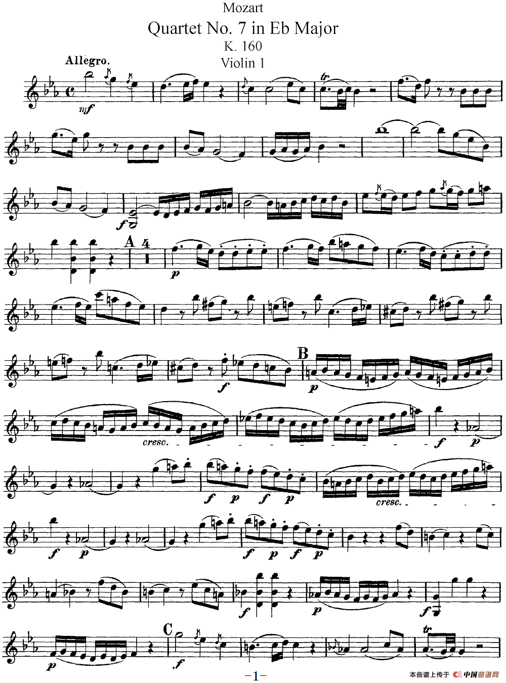 Mozart《Quartet No.7 in Eb Major,K.160》（Violin 1分谱）