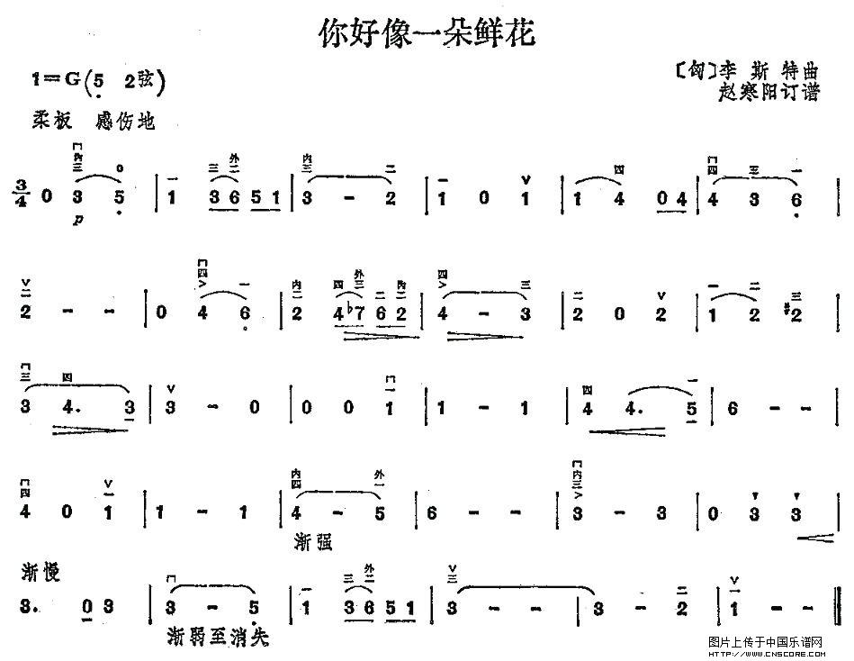 曲谱名：你好像一朵鲜花二胡谱