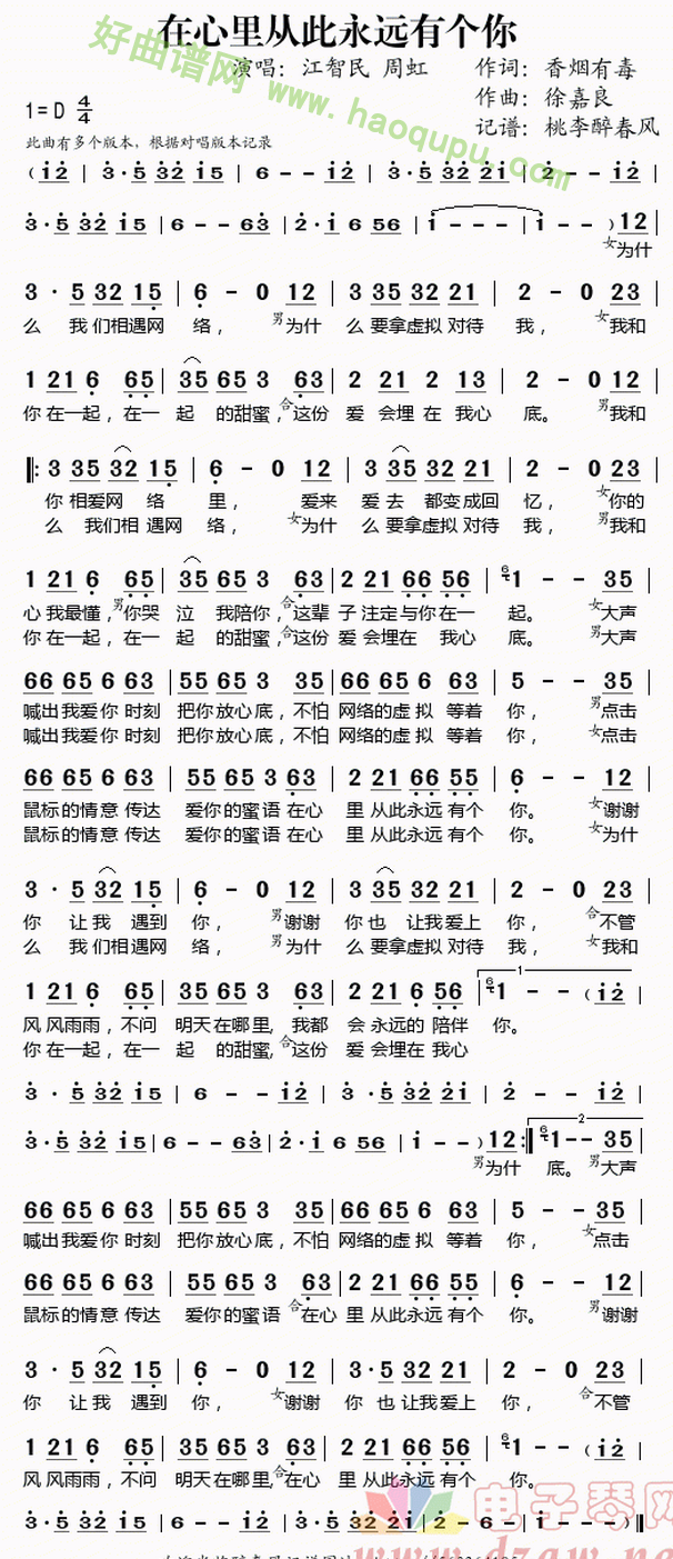 《在心里从此永远有个你》 电子琴简谱