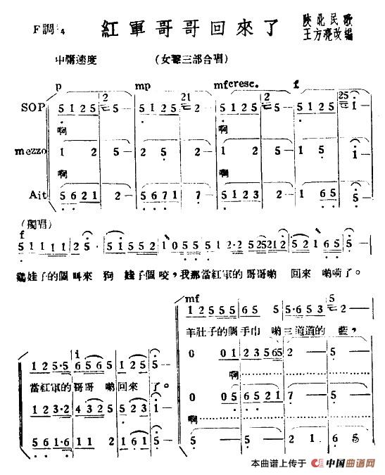 红军哥哥回来了（女声合唱）合唱谱F调版