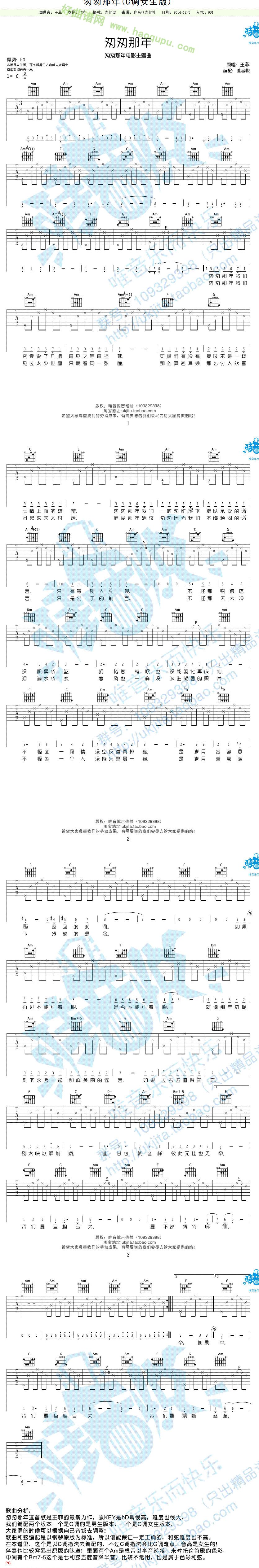 《匆匆那年》（王菲演唱 C调女生版） 吉他谱